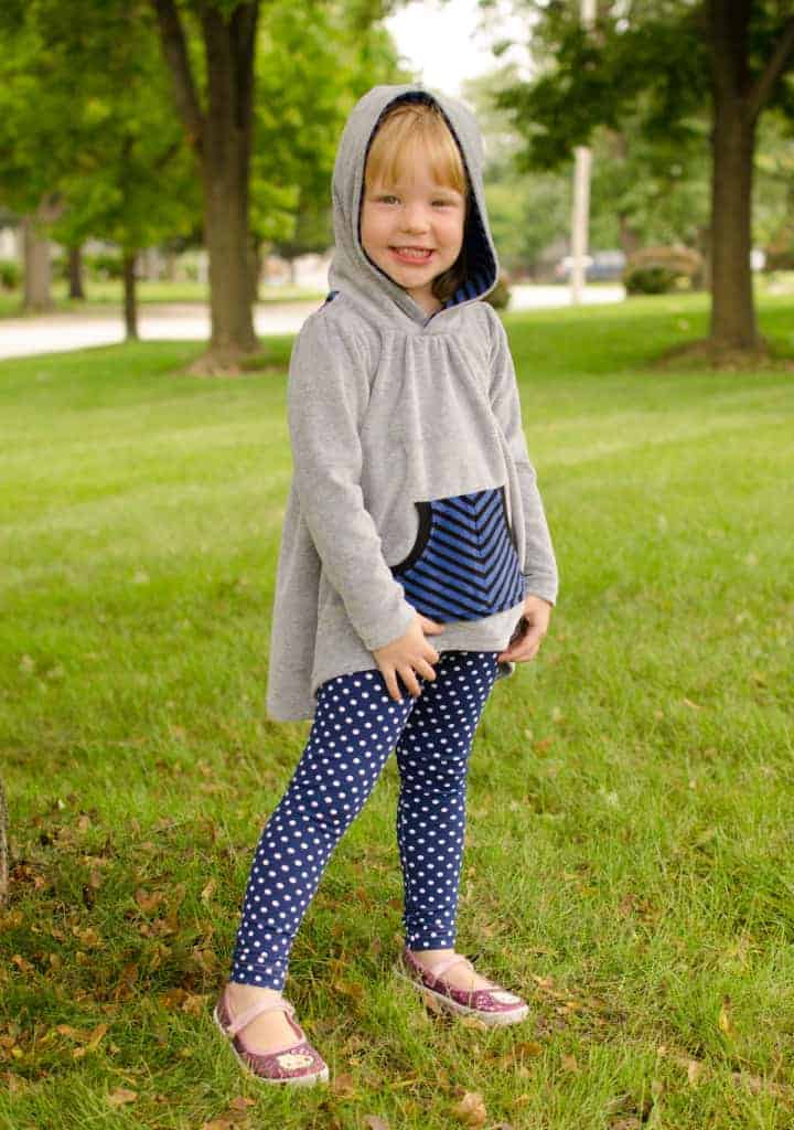 Girls hoodie sewing pattern with pixie hood by Love Notions