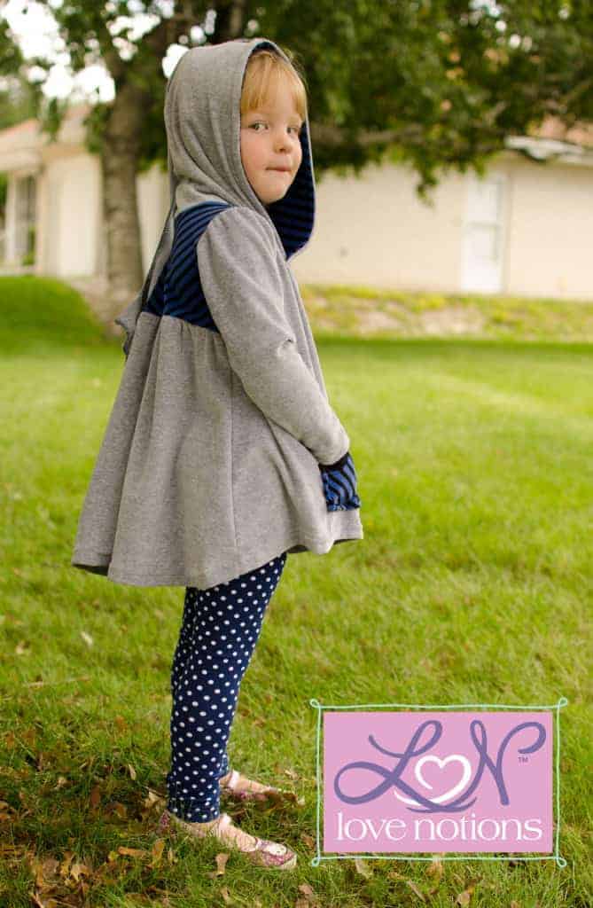 Girls hoodie sewing pattern with pixie hood by Love Notions