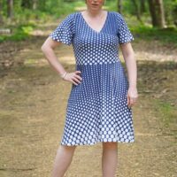 Wrap dress sewing pattern meant for knit fabrics by Love Notions.