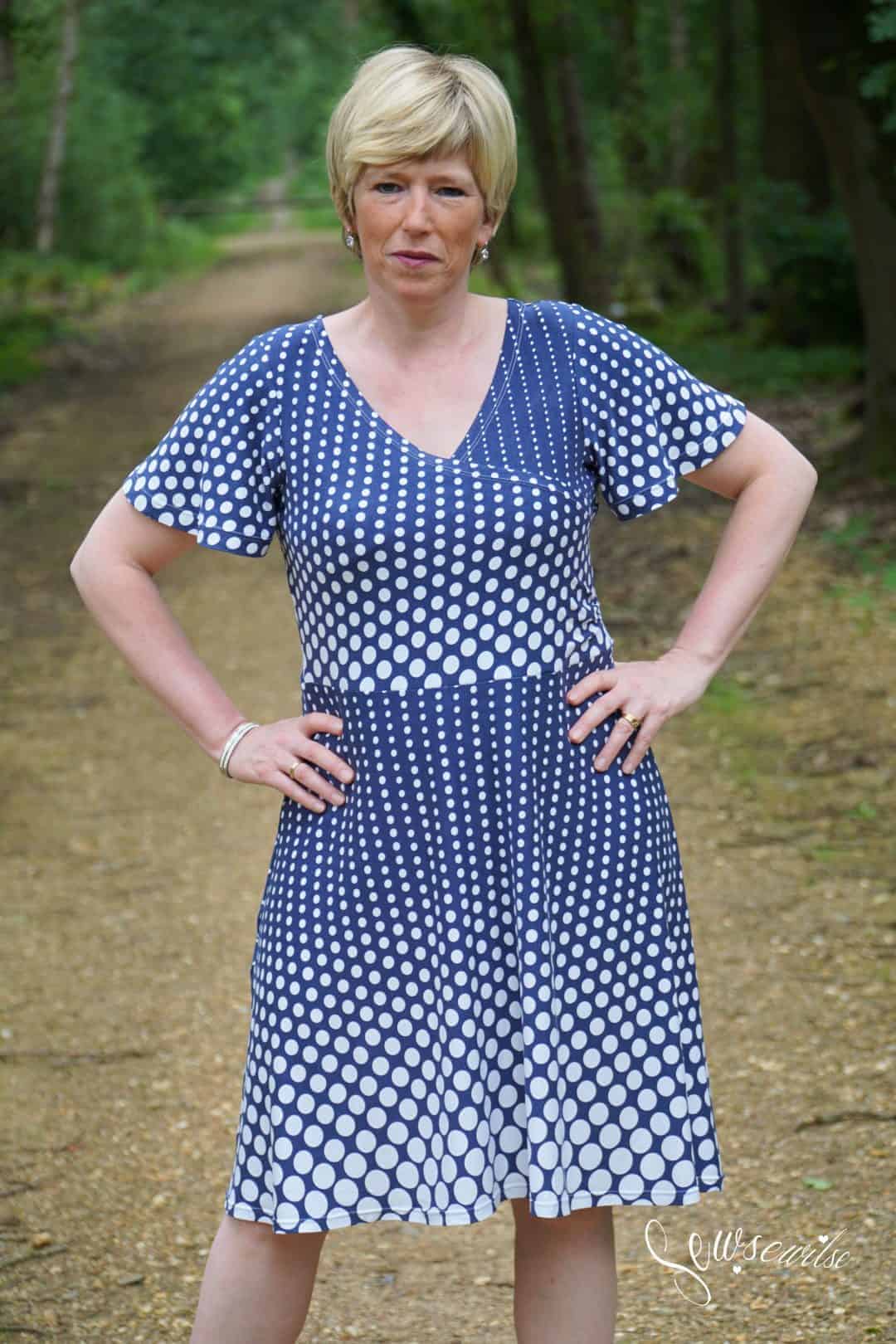 Wrap dress sewing pattern meant for knit fabrics by Love Notions.