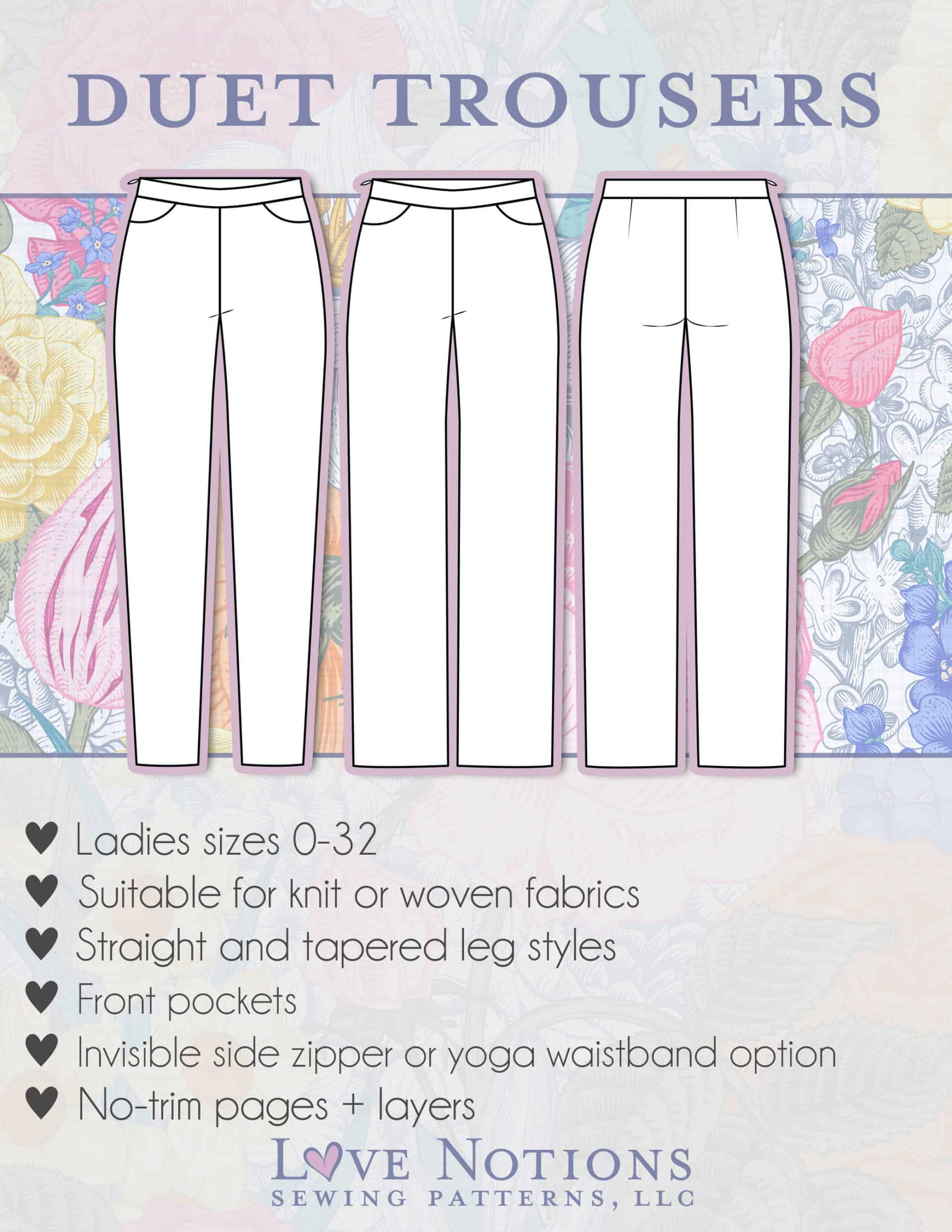 Duet Trousers pdf pattern for ladies by Love Notions Sewing Patterns, LLC